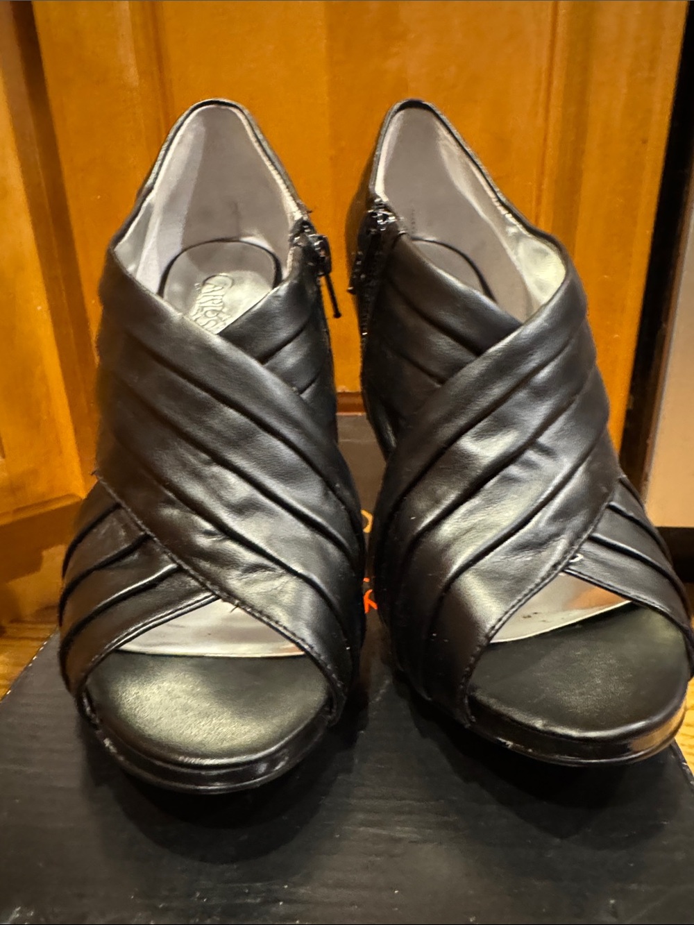 Carlos by Carlos Santana Black Leather Crisscross Peep Toe Booties